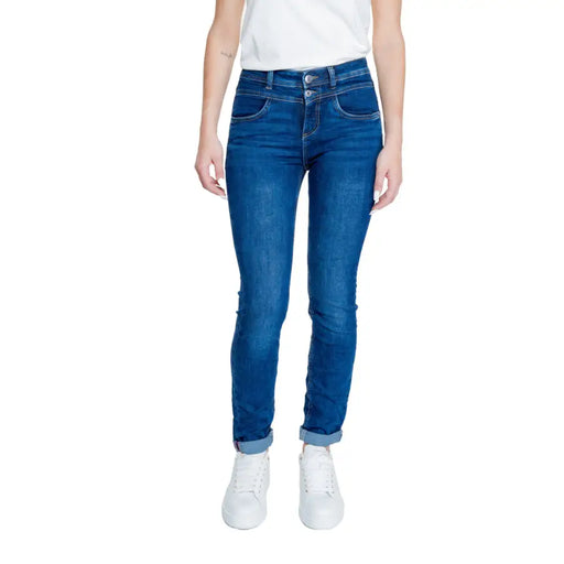 Street one women blue plain high-waisted slim fit denim jeans with rolled cuffs for spring summer wear