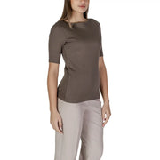 Street One women brown short-sleeved slip on t shirt with rounded neckline and tailored fit in olive green