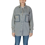 Replay Women Pinstripe Shirt in Blue featuring striped denim and contrast patch pockets