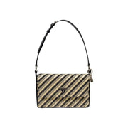 Striped woven shoulder bag with black strap and black accents for stylish use