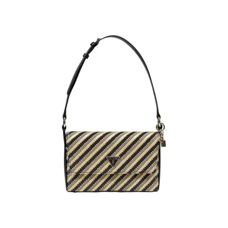 Striped woven shoulder bag with black strap and black accents for stylish use