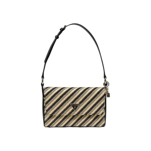 Striped woven shoulder bag with black strap and black accents for stylish use