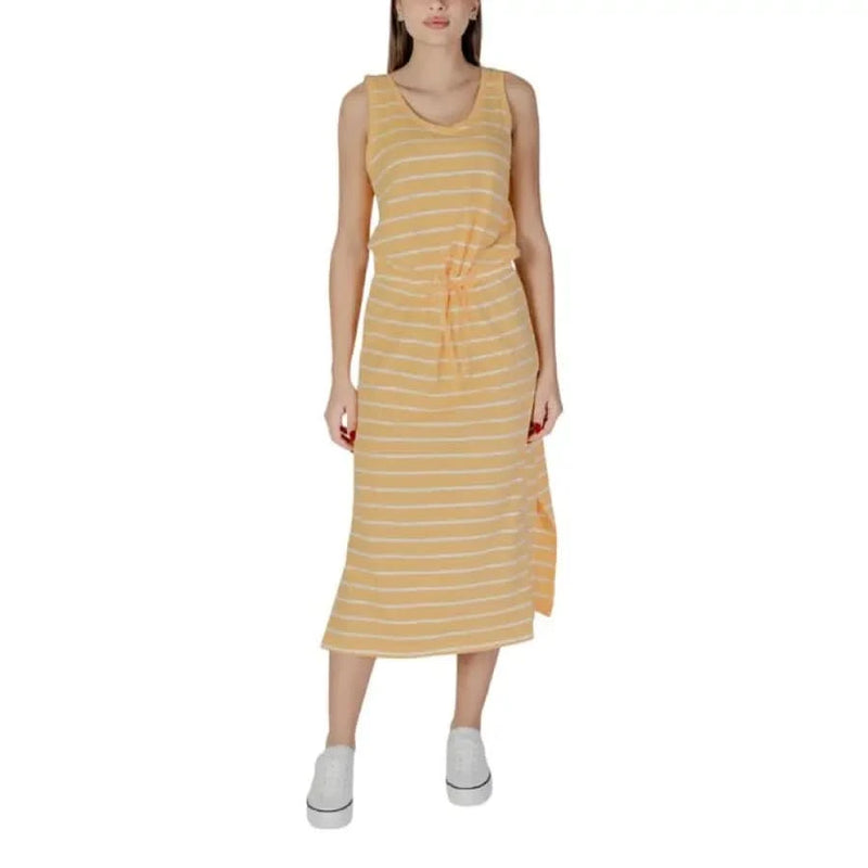Striped yellow midi dress featured in B.young White Polka Dot Sleeveless Dress collection