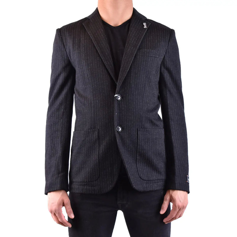 Sun68 men blazer black wool blend with dark charcoal color fine vertical pinstripes and subtle textured weave