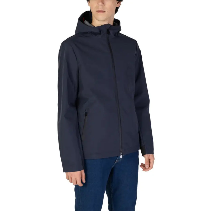 Dark navy long hooded zip blazer with sleek design and subtle black zipper accents for fall and winter use