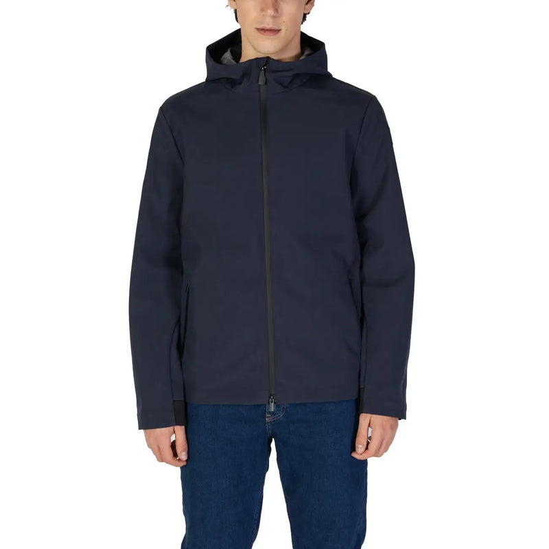 Suns men blue long hooded zip blazer in navy blue with sleek modern design and subtle black zipper accents for fall winter