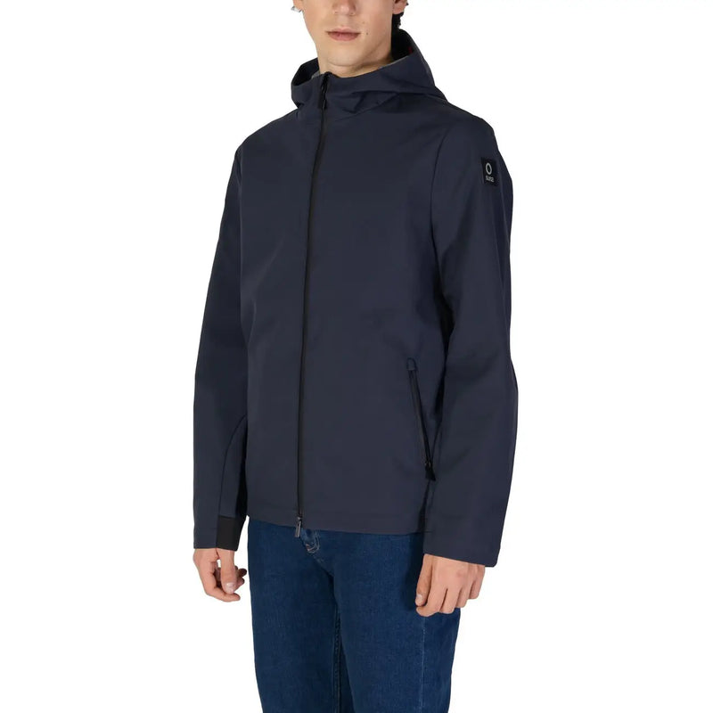Navy blue softshell hooded jacket with black zipper and subtle brand logo on sleeve for fall winter use