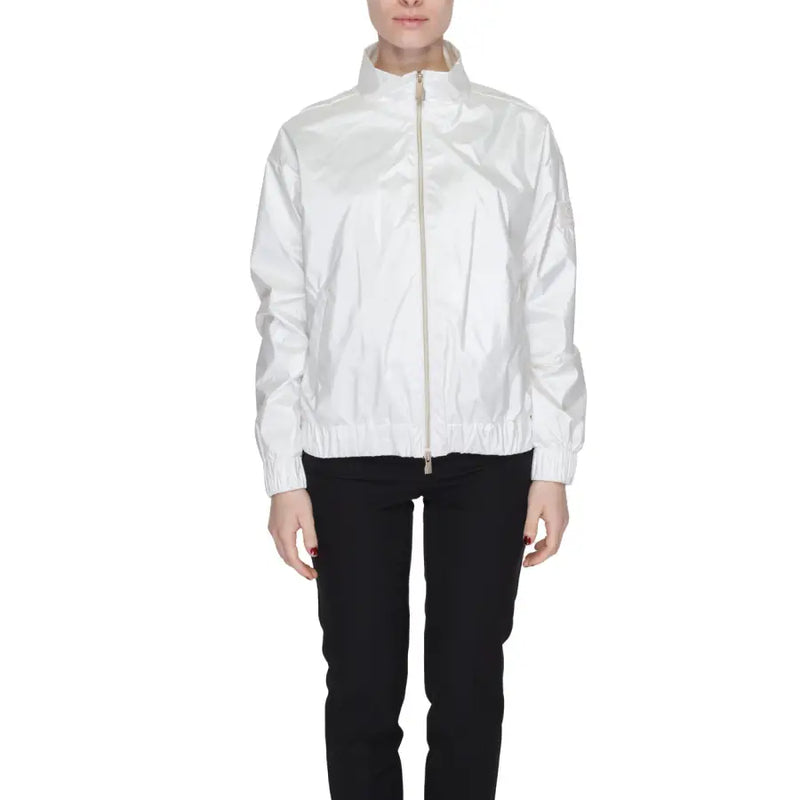 White nylon bomber jacket with high collar and silver zipper from suns women polyester jackets with zip and pockets
