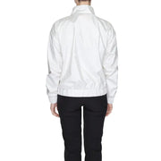 White nylon womens bomber jacket with high collar elasticized cuffs zip and front pockets polyester material