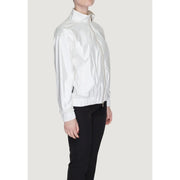 White glossy nylon bomber jacket with high collar elastic cuffs polyester zip front pockets for women by suns