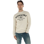 Superdry Baumwollpullover für Herren in Creme mit schwarzem, gesticktem Logo und Schriftzug, Vorderansicht