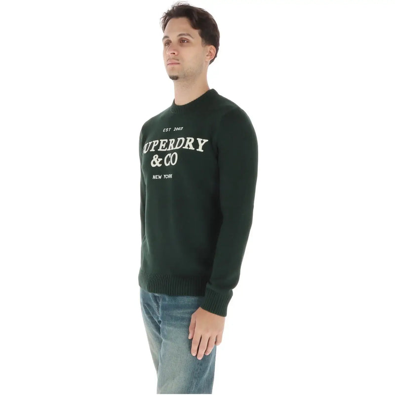 Superdry Baumwollpullover „Supercalifragilistic“ für Herren in Dunkelgrün mit weißem, gesticktem Logo und Schriftzug, Vorderansicht