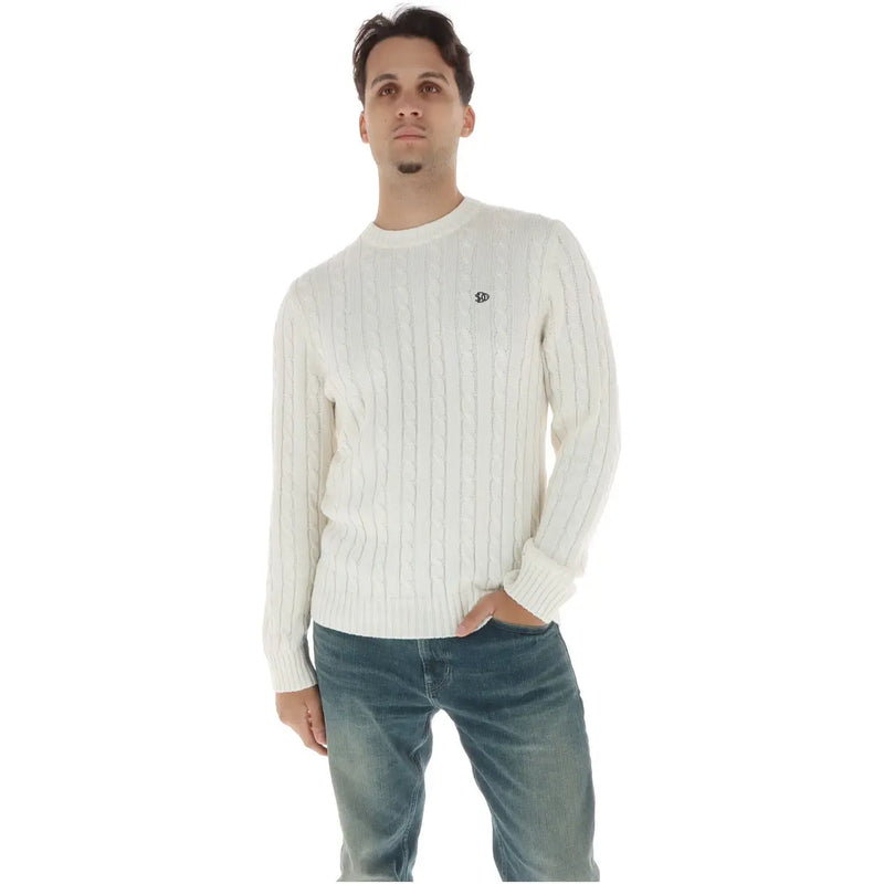 Superdry Weißer Baumwollpullover für Herren mit Rippstrickmuster und kleinem, gesticktem Logo auf der Brust, Vorderansicht