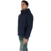 Superdry Herrenjacke aus marineblauem Steppstoff mit Kapuze und Rippbündchen, Vorderansicht