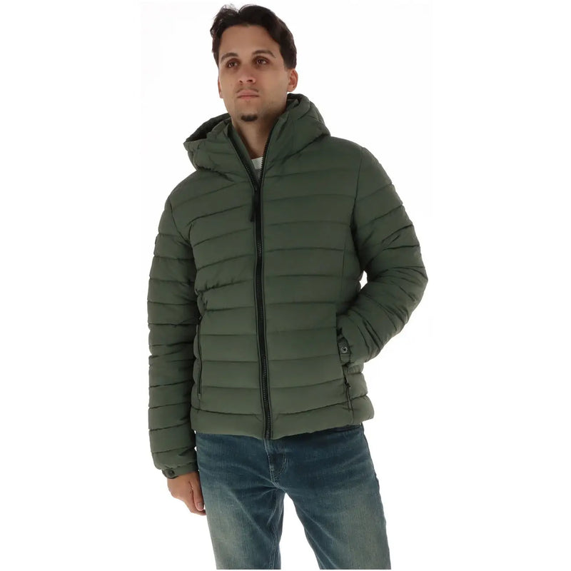 Superdry Steppjacke mit Kapuze für Herren in Olivgrün mit Reißverschlusstaschen, Vorderansicht