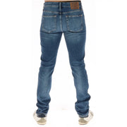 Superdry Jeans für Herren aus blauem Denim mit verwaschenen Gesäßtaschen und braunem Lederpatch, Rückansicht