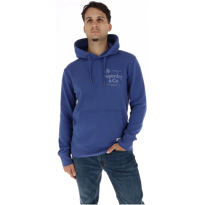 Superdry Herren-Kapuzenpullover aus blauem Baumwollfleece mit dem Superdry & Co.-Logo auf der Rückseite.