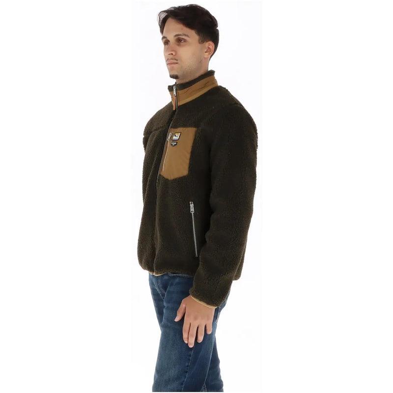 Superdry Brauner Herren-Rollkragenblazer aus Polyester mit Reißverschluss in dunkelolivgrünem Fleece, hellbraunen Akzenten und Brusttasche mit Reißverschluss.