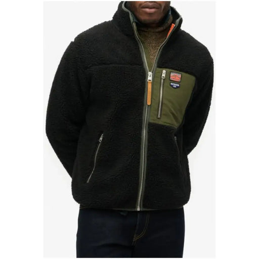Men’s black fleece jacket with olive green chest pocket from Superdry Fall Winter collection