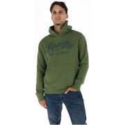 Olivgrüner Super-Dry Herren-Hoodie aus Baumwollfleece mit verwaschenem Logo und Vordertasche