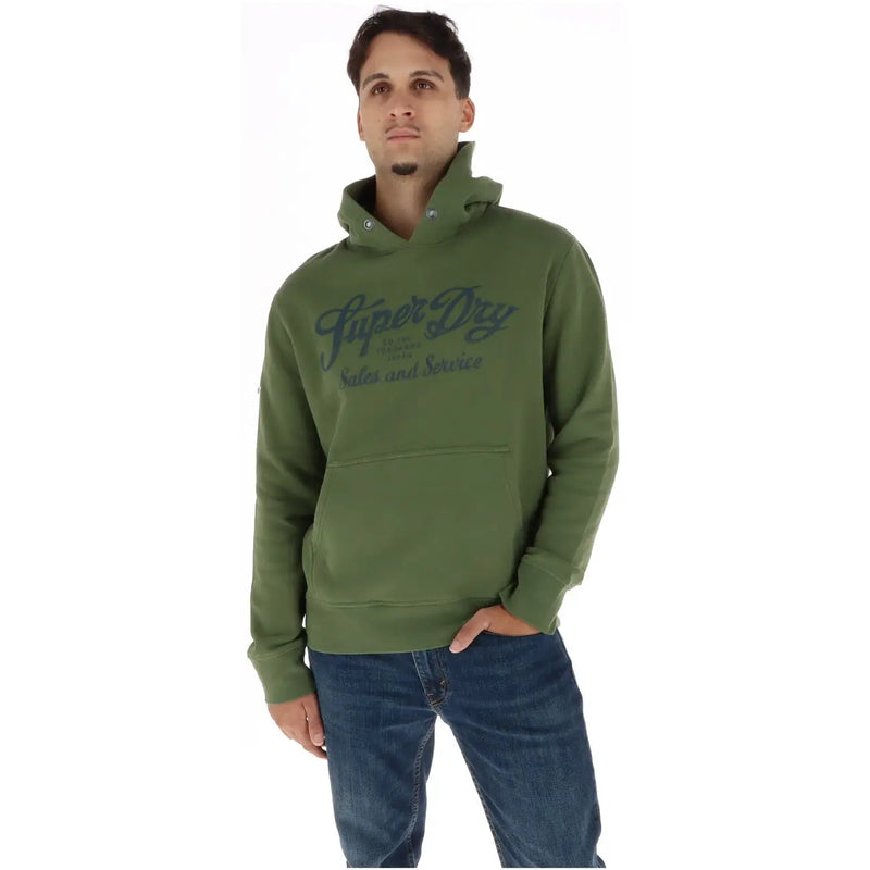 Olivgrüner Super-Dry Herren-Hoodie aus Baumwollfleece mit verwaschenem Logo und Vordertasche