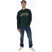 Superdry Herren-Sweatshirt aus grüner Baumwolle mit Rundhalsausschnitt, dunkelgrünem Stoff und bogenförmigem, weiß-rotem Schriftzug auf der Brust