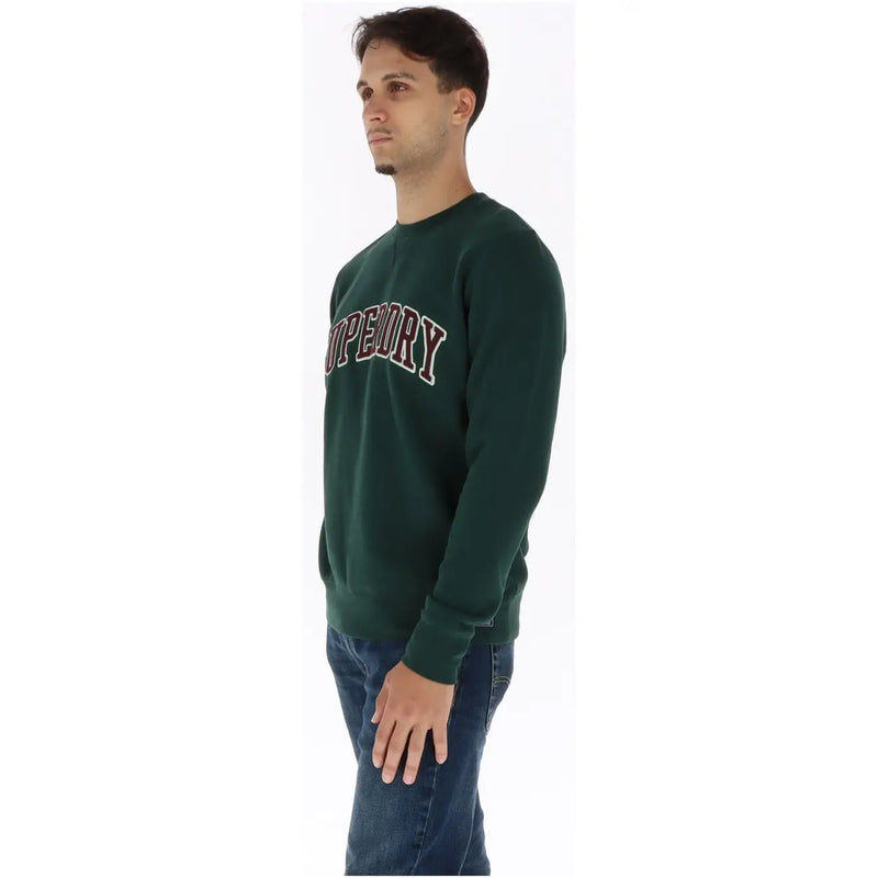 Dunkelgrün Superdry Herren-Baumwoll-Sweatshirt mit langen Ärmeln und Supreme-Schriftzug in Bogenform, Bordeauxrot und Weiß.