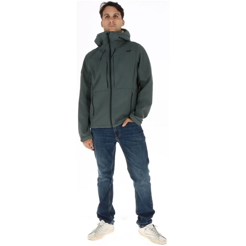 Superdry Grüner Herrenblazer aus Softshell-Polyester mit Kapuze, schwarzem Reißverschluss und dezentem Logo auf der Brust