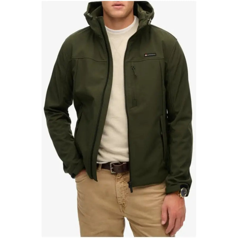 Superdry men green olive softshell hooded jacket with zippered pockets and subtle chest logo in front view