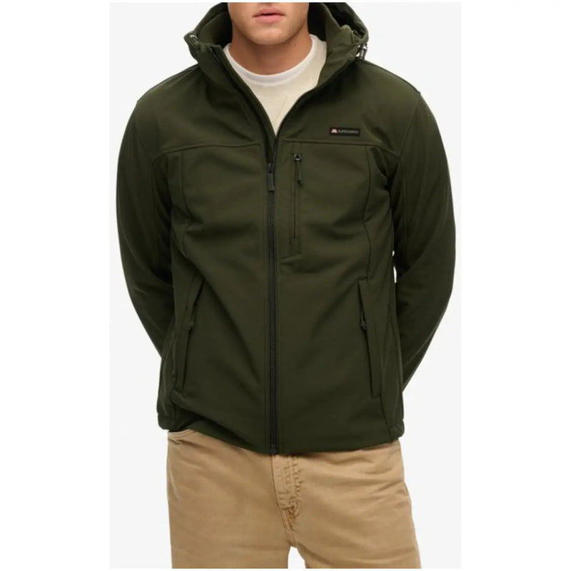 Superdry men green long hooded blazer in dark olive green softshell with front zipper and multiple zippered pockets