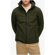 Men’s dark green hooded softshell jacket with full zipper and multiple pockets from Superdry