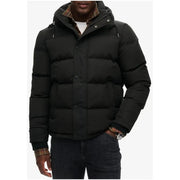 Superdry Schwarze Herren-Winterjacke mit Kapuze, Steppdesign, karierter, gefütterter Kapuze und Knopfverschluss