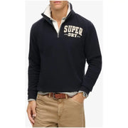 Schwarzer Superdry Herren-Sweatshirt-Pullover aus Fleece mit halbem Reißverschluss, cremefarbenem Schriftzug und hellgrauem Baumwoll-Innenkragen