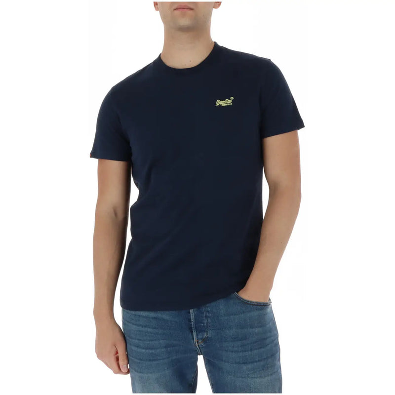 Navy blue superdry men t shirt crew neck short sleeve cotton with small yellow logo on left chest m1011245a