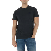 Superdry Herren-T-Shirt, hellblau, kurzärmelig, aus Baumwolle, mit schwarzem Rundhalsausschnitt, gesticktem Logo und rotem Ärmeletikett