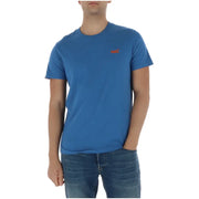 Superdry Herren-T-Shirt, hellblau, kurzärmelig, aus Baumwolle mit kleinem orangefarbenem Logo auf der linken Brust.