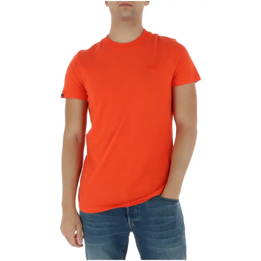Superdry men t shirt bright orange short sleeve cotton crew neck with subtle branding on chest and sleeve