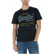 Superdry Schwarzes Vintage-T-Shirt für Herren aus Baumwolle mit grau-goldenem Grafikprint und Rundhalsausschnitt, Modell M1012212A