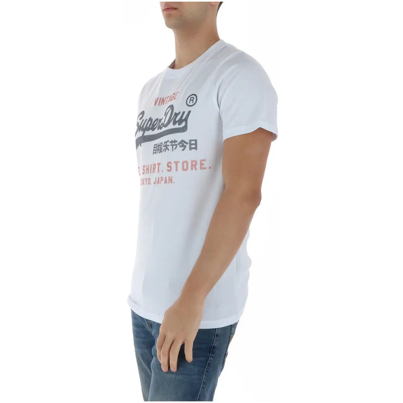 White superdry men t shirt with multicolored vintage graphic print round neck cotton M1012212A