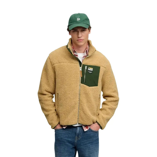 Superdry Gelbes Herren-Fleece-Sweatshirt mit durchgehendem Reißverschluss, beigefarbenem Shearling-Fleece, dunkelgrüner Brusttasche und Reißverschlussanhänger