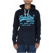 Navy blue Superdry men’s printed sweatshirt with light blue vintage logo, white drawstrings, and front pockets