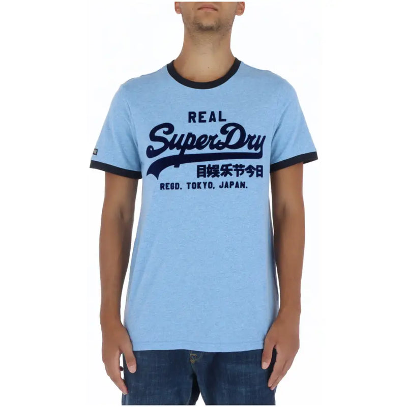 Superdry men’s light blue heathered cotton t-shirt with navy ringer trim and dark blue printed logo graphic