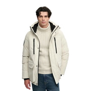 Superdry Parka City für Damen in Creme mit schwarzen Reißverschlussanhängern und Kapuze, Vorder- und Seitenansicht