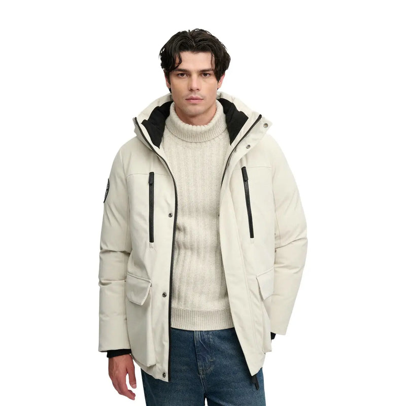 Superdry Parka City für Damen in Creme mit schwarzen Reißverschlussanhängern und Kapuze, Vorder- und Seitenansicht