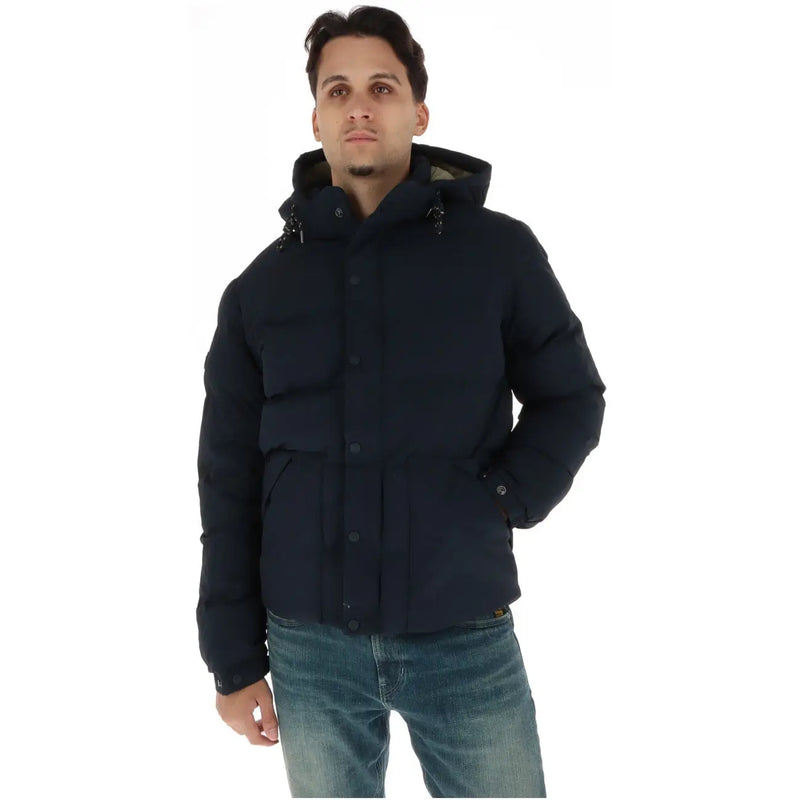 Superdry Dunkelblaue Steppjacke für Herren mit Kapuze und Knopfleiste vorne, Vorderansicht