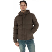Superdry Braune Steppjacke für Herren mit Kapuze und Knopfleiste vorne, Vorderansicht