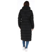 Superdry Schwarze Steppjacke für Damen mit Kapuze und horizontalen Ziernähten, Vorderansicht