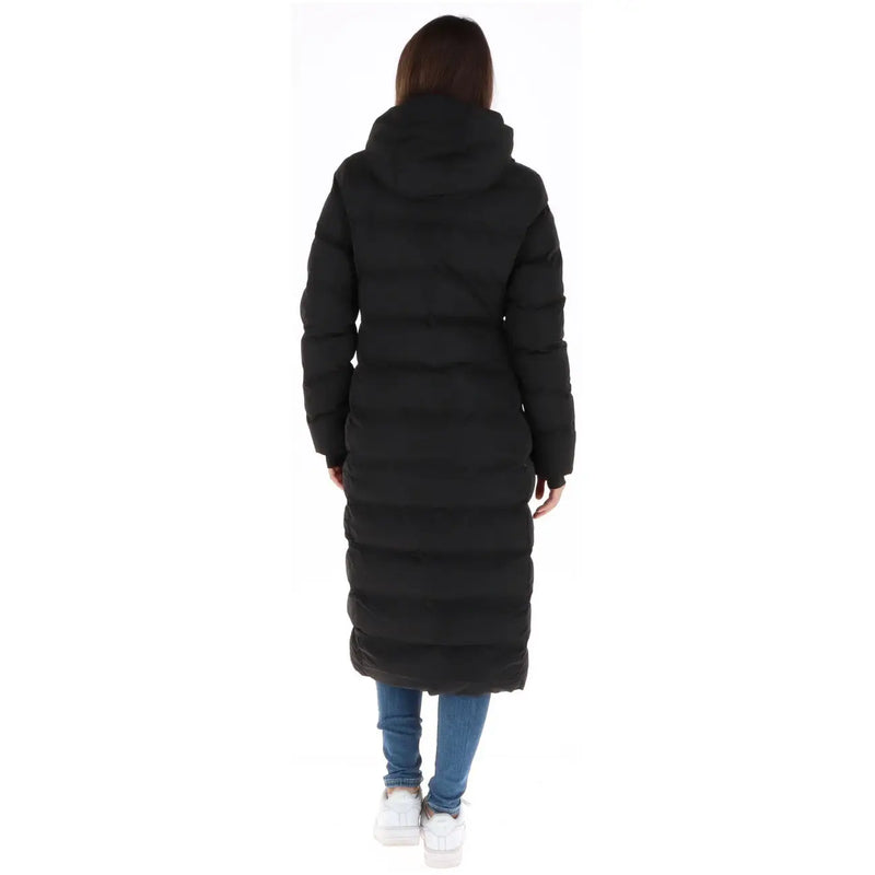 Superdry Schwarze Steppjacke für Damen mit Kapuze und horizontalen Ziernähten, Vorderansicht