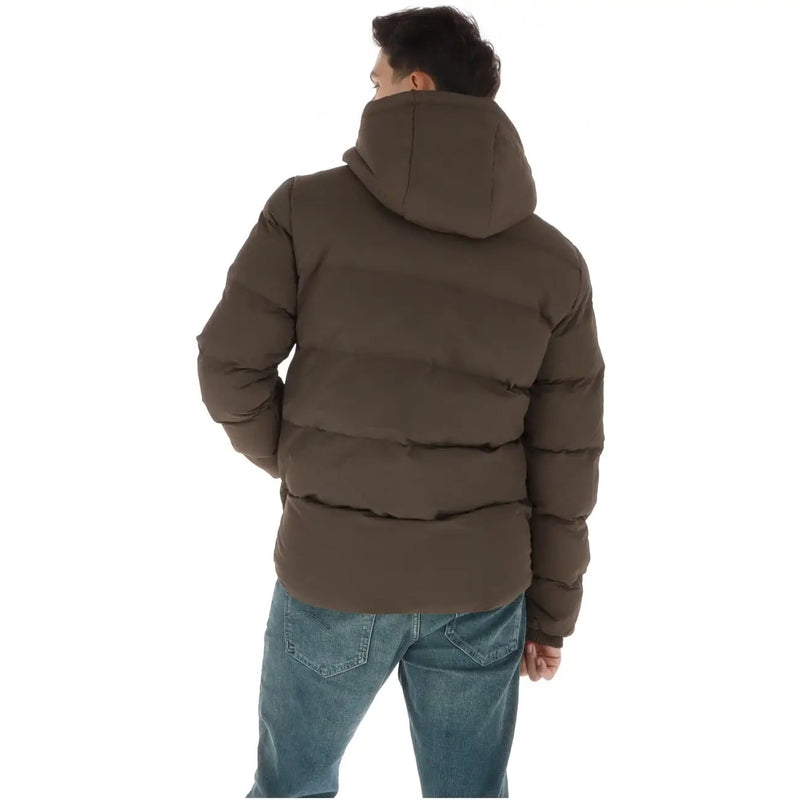 Superdry Braune Steppjacke für Herren mit Kapuze und horizontalen Ziernähten, Vorderansicht