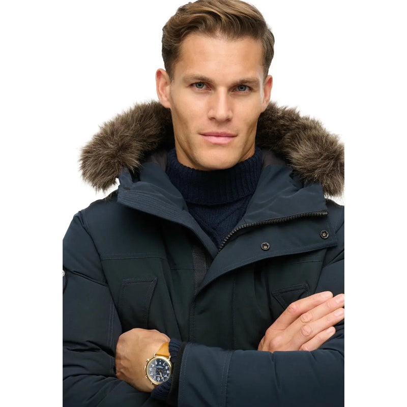 Superdry Steppjacke Everest für Herren in Marineblau mit braun gefütterter Kapuze, Vorderansicht